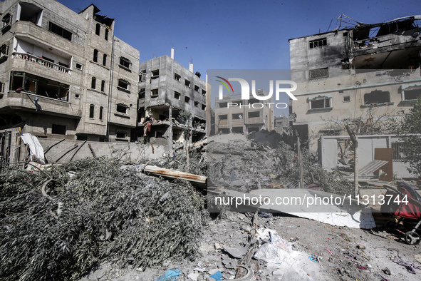 A view is showing destroyed buildings following operations by the Israeli Special Forces in the Nuseirat camp, in the central Gaza Strip, on...