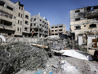 A view is showing destroyed buildings following operations by the Israeli Special Forces in the Nuseirat camp, in the central Gaza Strip, on...