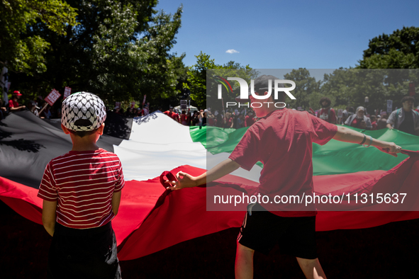 Girls help wave an enormous Palestinian flag during a demonstration encircling the White House, forming a ‘red line’ to call for a end to Is...