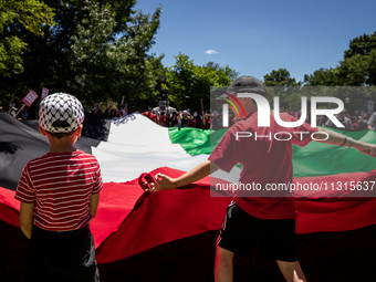 Girls help wave an enormous Palestinian flag during a demonstration encircling the White House, forming a ‘red line’ to call for a end to Is...