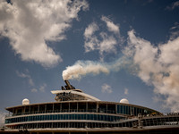 The smokestacks of the Oasis of the Seas cruise ship are giving off smoke in the port of Barcelona, Spain, on June 9, 2024. Sulphur oxide an...