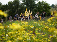 Protesters and members of the farmers' union Confederation Paysanne are walking in a field that will be destroyed by the building of the A69...