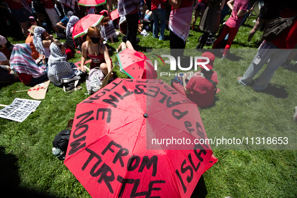 Two people take shelter from the sun under an umbrella during a pro-Palestinian protest at the White House, Washington, DC, June 8, 2024....