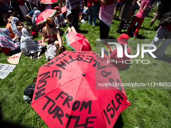 Two people take shelter from the sun under an umbrella during a pro-Palestinian protest at the White House, Washington, DC, June 8, 2024....