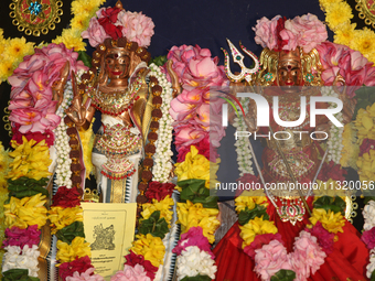 Idols of Hindu deities are being adorned during the 10th night of the Pathirakali Amman festival at the Pathirakali Amman Kovil (Pathirakali...