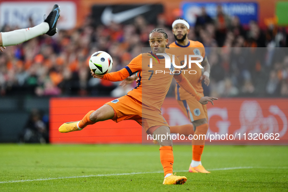 Xavi Simons Attacking Midfield of Netherland and RB Leipzig shooting to goal during the international friendly match between Netherlands and...