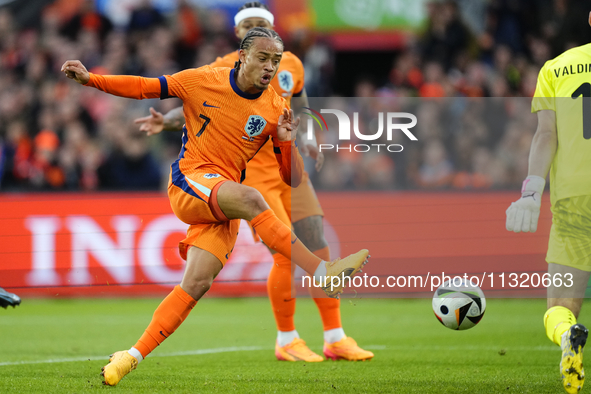 Xavi Simons Attacking Midfield of Netherland and RB Leipzig shooting to goal during the international friendly match between Netherlands and...