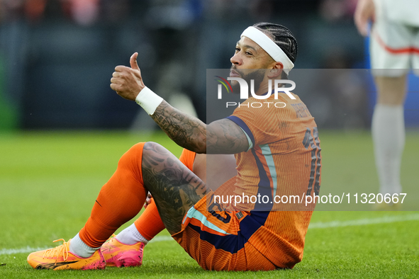 Memphis Depay Centre-Forward of Netherland and Atletico de Madrid reacts during the international friendly match between Netherlands and Ice...