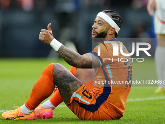 Memphis Depay Centre-Forward of Netherland and Atletico de Madrid reacts during the international friendly match between Netherlands and Ice...