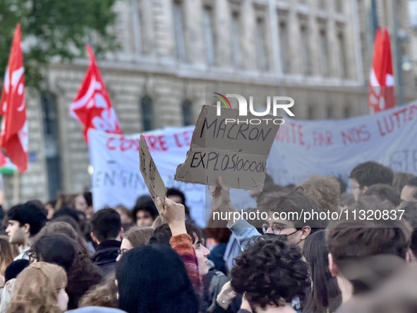 Protesters gather during a demonstration at the Place de la Republique against the victory of the French far-right party Rassemblement Natio...