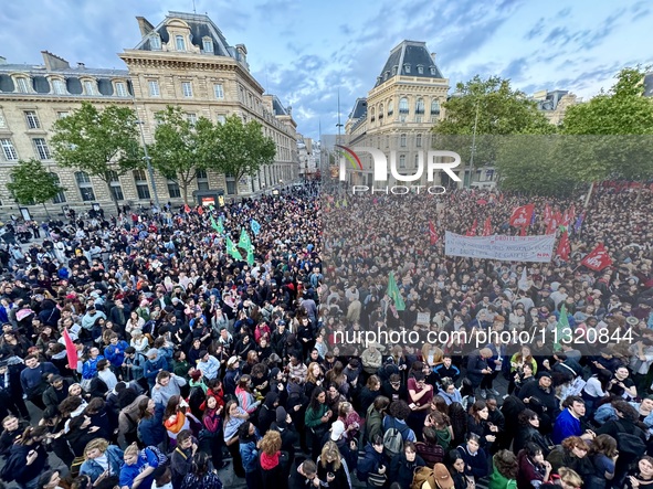 Protesters gather during a demonstration at the Place de la Republique against the victory of the French far-right party Rassemblement Natio...