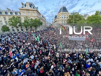 Protesters gather during a demonstration at the Place de la Republique against the victory of the French far-right party Rassemblement Natio...