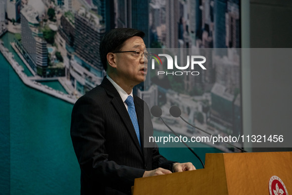 Hong Kong Chief Executive John Lee is speaking at a press conference before his Exco meeting in Hong Kong, China, on June 11, 2024. 