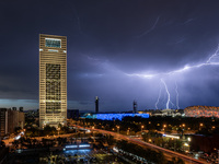 Thunderstorms and strong winds are occurring over the National Stadium in Beijing, China, on June 11, 2024. (