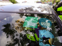 Sitaram Hachhethu, Chief of Lalitpur Metropolitan Police, is sticking a pollution clearance sticker on the windshield of a vehicle that has...