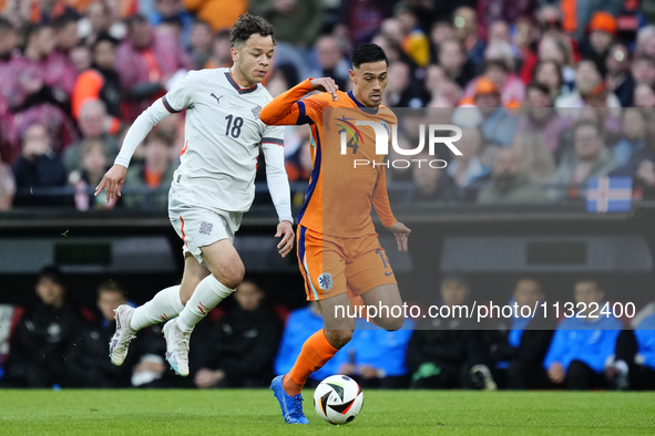 Mikael Anderson Left Winger of Iceland and Aarhus GF and Tijjani Reijnders Central Midfield of Netherland and AC Milan compete for the ball...