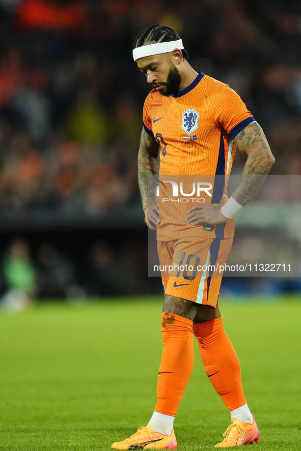 Memphis Depay Centre-Forward of Netherland and Atletico de Madrid reacts during the international friendly match between Netherlands and Ice...