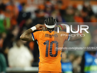 Memphis Depay Centre-Forward of Netherland and Atletico de Madrid celebrates after scoring his sides first goal during the international fri...