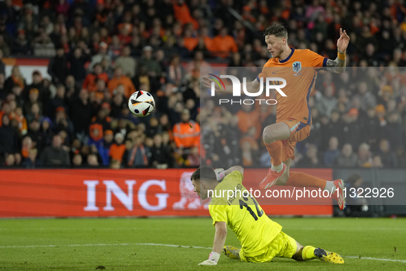 Wout Weghorst Centre-Forward of Netherland and TSG 1899 Hoffenheim shooting to goal during the international friendly match between Netherla...