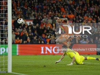 Wout Weghorst Centre-Forward of Netherland and TSG 1899 Hoffenheim shooting to goal during the international friendly match between Netherla...