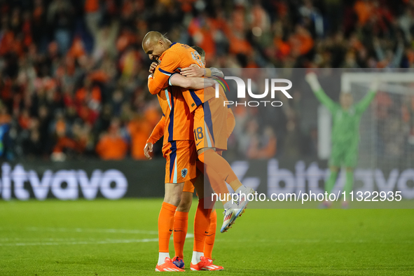 Wout Weghorst Centre-Forward of Netherland and TSG 1899 Hoffenheim celebrates with Donyell Malen Right Winger of Netherland and Borussia Dor...