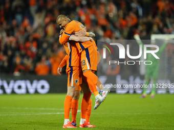 Wout Weghorst Centre-Forward of Netherland and TSG 1899 Hoffenheim celebrates with Donyell Malen Right Winger of Netherland and Borussia Dor...