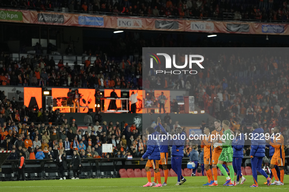 Netherland players celebrate victory after the international friendly match between Netherlands and Iceland at De Kuip on June 10, 2024 in R...