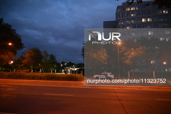 Police are present following a reported fence jumper at the Federal Bureau of Investigation (FBI) building in Chicago, Illinois, United Stat...