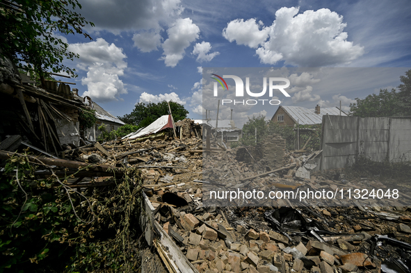 The rubble is covering the ground at a house that is partially destroyed by a Russian drone attack in Orikhiv, Zaporizhzhia region, southeas...