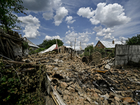 The rubble is covering the ground at a house that is partially destroyed by a Russian drone attack in Orikhiv, Zaporizhzhia region, southeas...