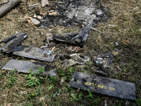 Debris is covering the ground at a house that is partially destroyed by a Russian drone attack in Orikhiv, Zaporizhzhia region, southeastern...