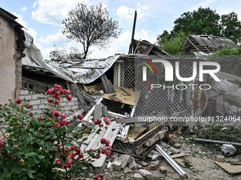 An elderly woman is walking through the premises of a house that was partially destroyed by a Russian drone attack in Orikhiv, Zaporizhzhia...