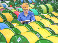 A worker is producing special cable products in Huzhou, China, on June 12, 2024. (