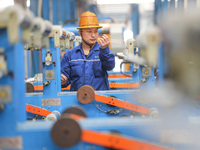 A worker is producing special cable products in Huzhou, China, on June 12, 2024. (