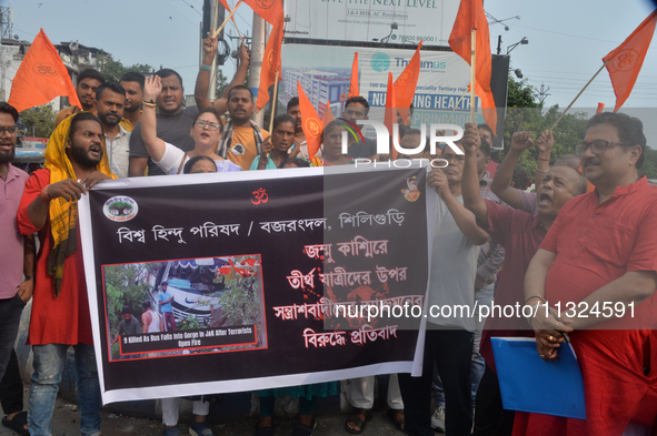 Biswa Hindu Parishad (BJP) and Bajrang Dal activists are shouting slogans as they protest in Siliguri, India, on June 12, 2024, against the...