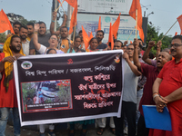 Biswa Hindu Parishad (BJP) and Bajrang Dal activists are shouting slogans as they protest in Siliguri, India, on June 12, 2024, against the...