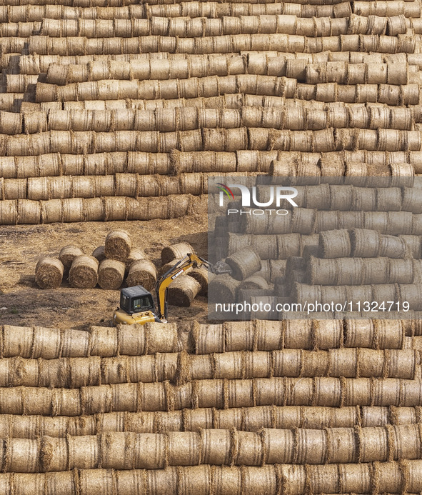 Farmers are recycling wheat straw in a field at Dahuangzhuang village in Huai'an city, East China's Jiangsu province, on June 12, 2024. 