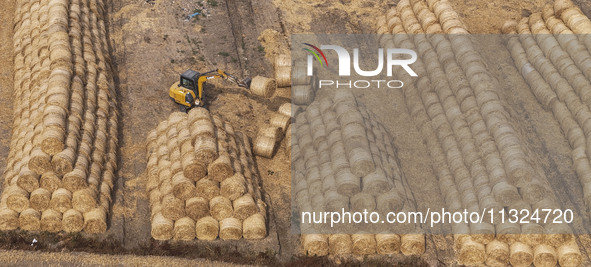 Farmers are recycling wheat straw in a field at Dahuangzhuang village in Huai'an city, East China's Jiangsu province, on June 12, 2024. 