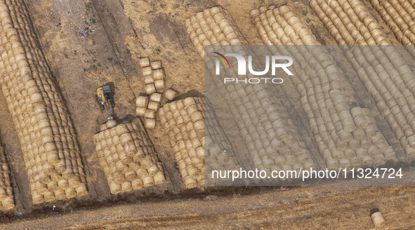 Farmers are recycling wheat straw in a field at Dahuangzhuang village in Huai'an city, East China's Jiangsu province, on June 12, 2024. 