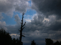 Dark clouds are hovering above residential houses during a windy and rainy day in Srinagar, India, on June 12, 2024. (