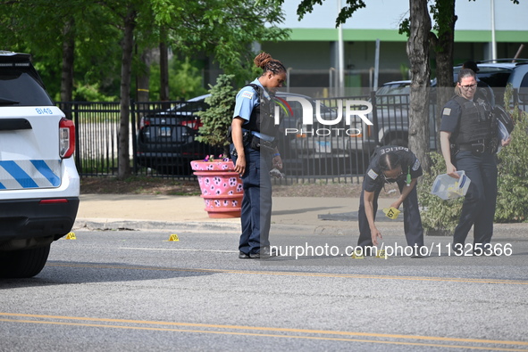 Chicago police and the crime scene unit are investigating the shooting and putting down evidence markers for shell casings, with over 80 evi...