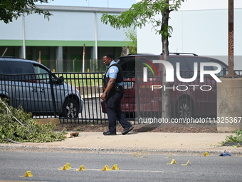 Chicago police and the crime scene unit are investigating the shooting and putting down evidence markers for shell casings, with over 80 evi...