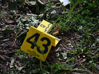 An evidence marker is showing where shell casings are located at the crime scene. Three people are being shot in Chicago, Illinois, United S...