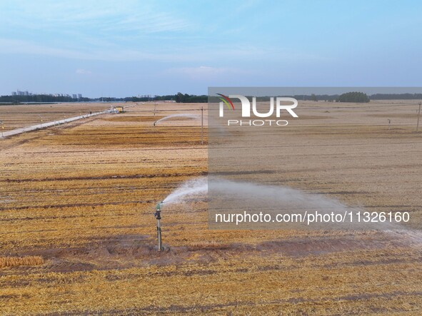 Farmers are using sprinkler irrigation equipment to water newly sown corn in Laojiaochen village, Liaocheng City, East China's Shandong prov...