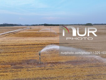 Farmers are using sprinkler irrigation equipment to water newly sown corn in Laojiaochen village, Liaocheng City, East China's Shandong prov...