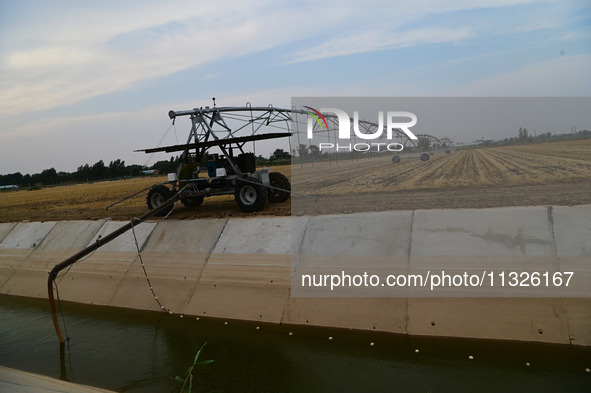 Farmers are using mobile sprinkler irrigation equipment to water newly sown corn in Daqu village in Liaocheng, China, on June 12, 2024. 