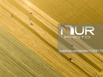 Farmers are driving large harvesting machines to harvest wheat for major growers in Yingcun village, Lianyungang city, Jiangsu province, Chi...