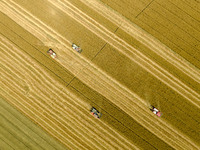 Farmers are driving large harvesting machines to harvest wheat for major growers in Yingcun village, Lianyungang city, Jiangsu province, Chi...