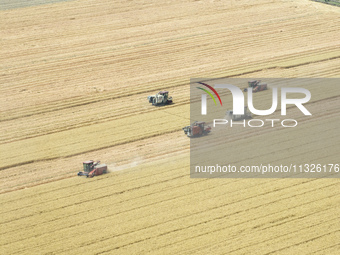 Farmers are driving large harvesting machines to harvest wheat for major growers in Yingcun village, Lianyungang city, Jiangsu province, Chi...