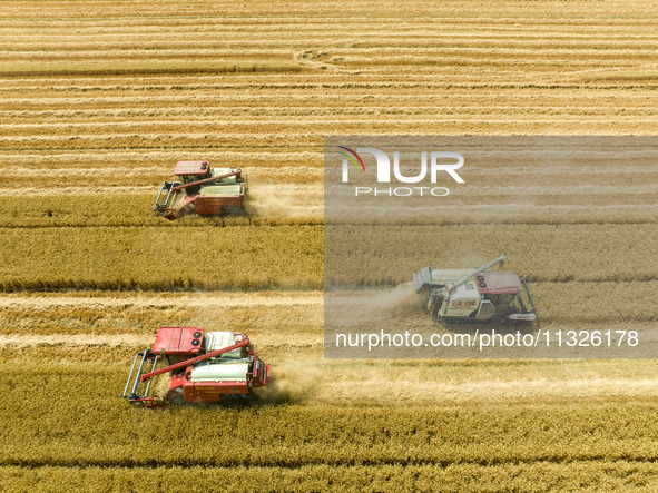 Farmers are driving large harvesting machines to harvest wheat for major growers in Yingcun village, Lianyungang city, Jiangsu province, Chi...